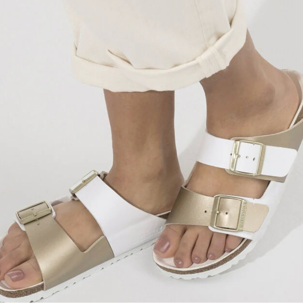 Birkenstock Arizona Split White and Gold Sandals Sz 10 M, 41